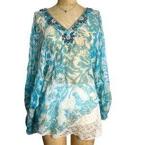 Anie Turquoise Beaded Fairycore Blouse Boho Size Medium
